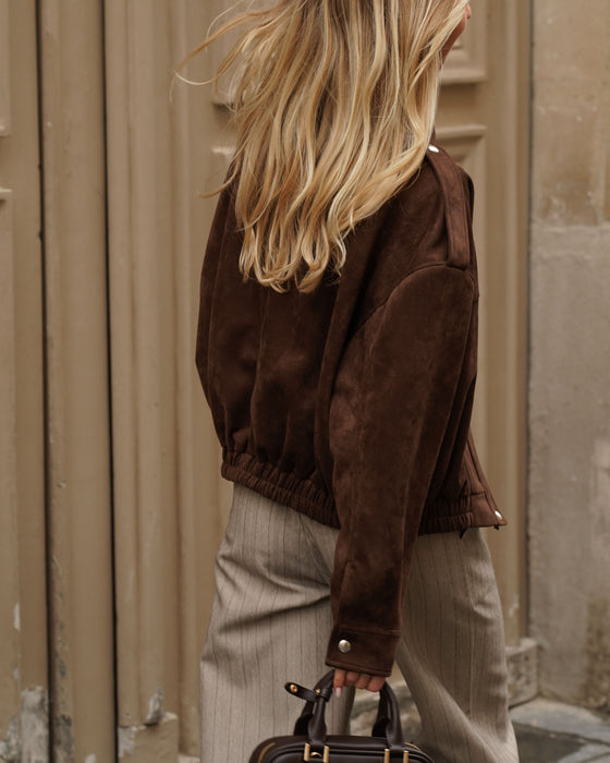 Atelier Simai, veste bomber Kate en suédine marron chocolat, made in France