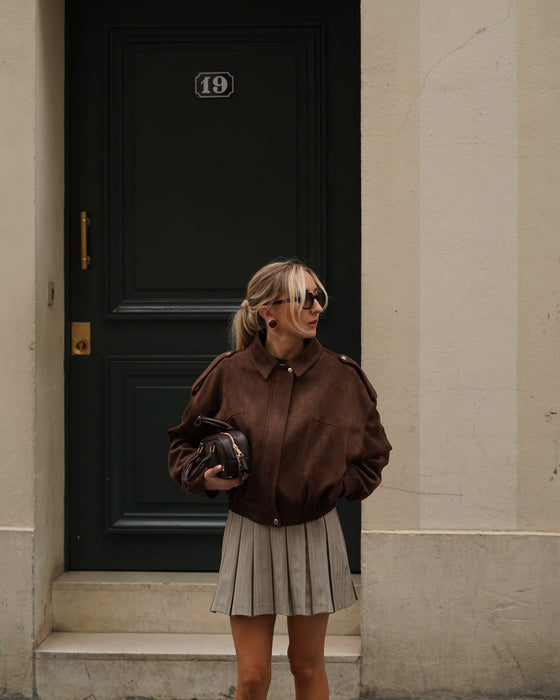 Atelier Simai, veste bomber Kate en suédine marron chocolat, made in France