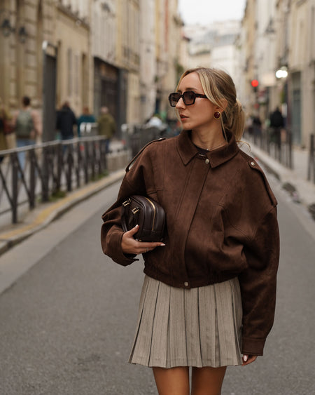 Atelier Simai, veste bomber Kate en suédine marron chocolat, made in France